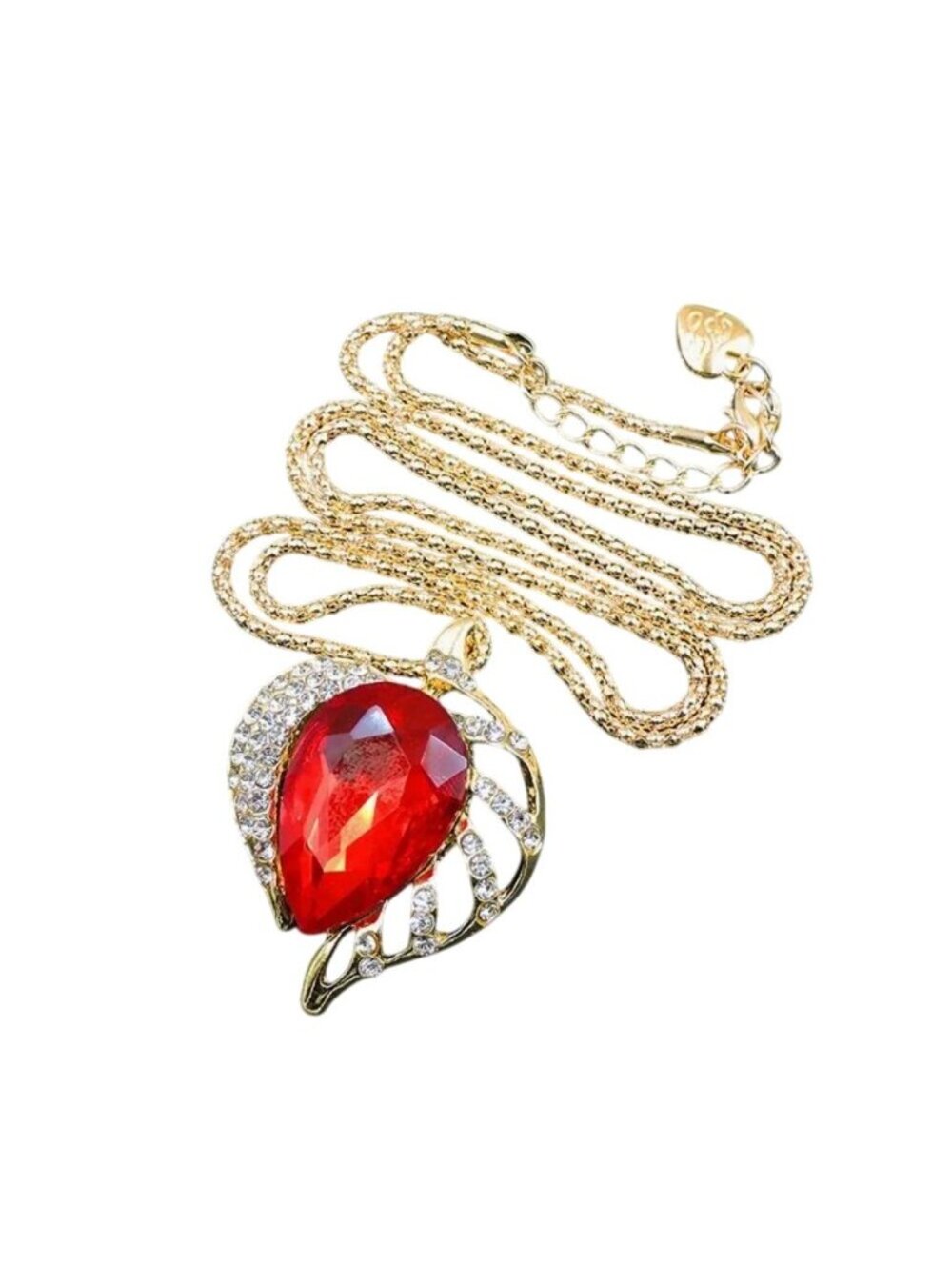 Necklace Red Rhinestone with Crystal Pendant Gold Tone
